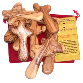 10 Olive Wood Holding Hand Crosses with Red Gift Velvet Bags From Bethlehem