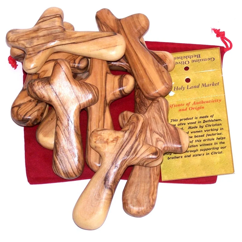 10 Olive Wood Holding Hand Crosses with Red Gift Velvet Bags From Bethlehem