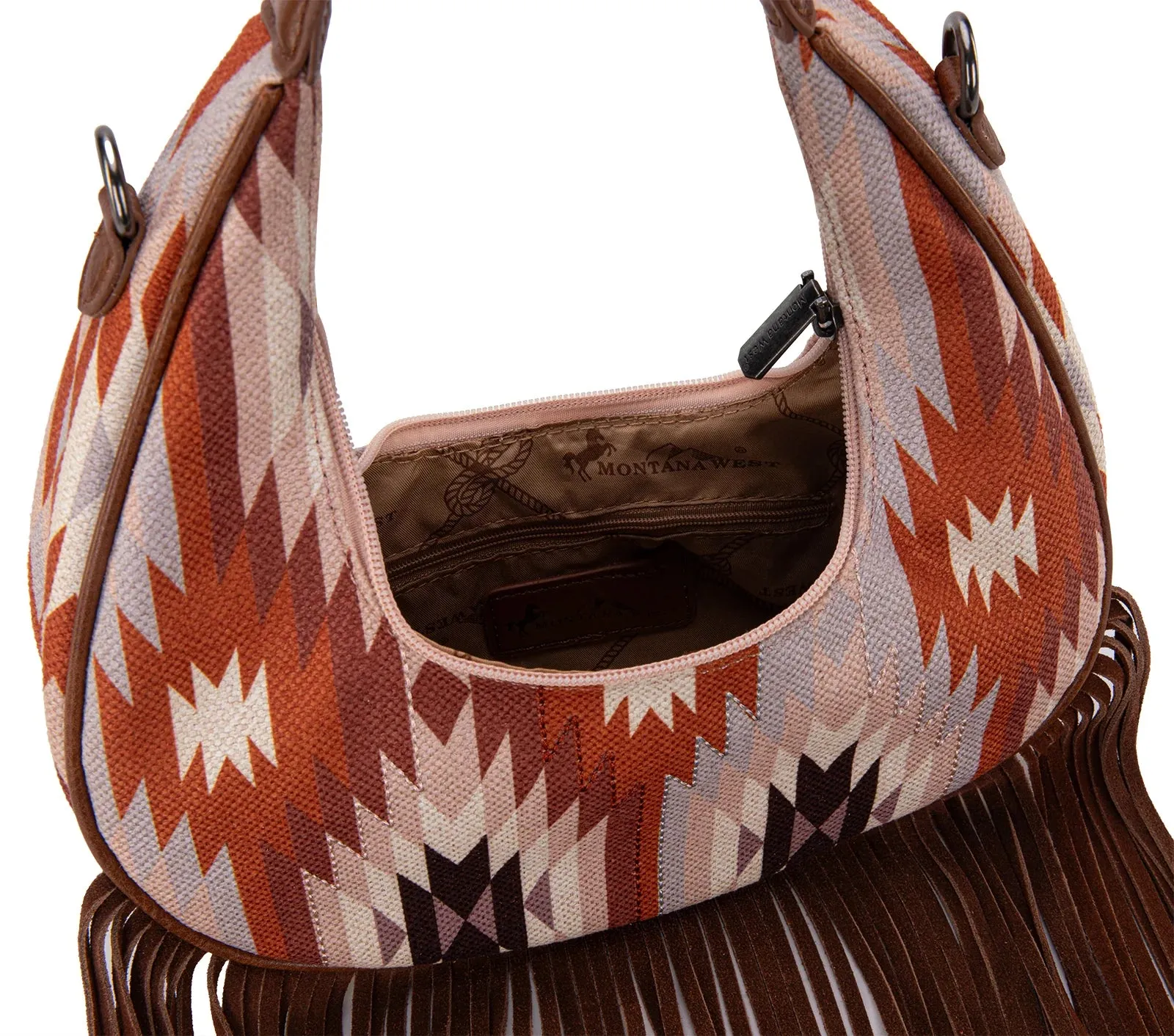 Brown Aztec Fringe Crescent Crossbody Bag - MW1285-8366BR