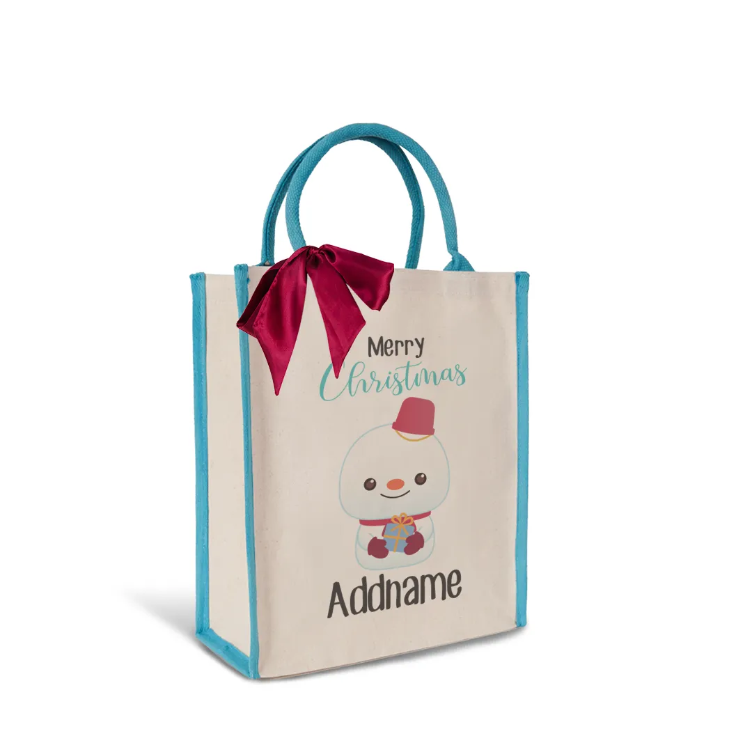 Christmas Cute Animal Series Merry Christmas Snowman Blue Colour Lining Canvas Bag