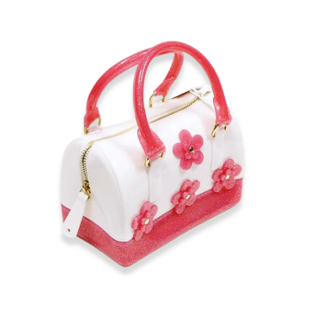 Floral Jelly Barrel Bag - White/Fuchsia