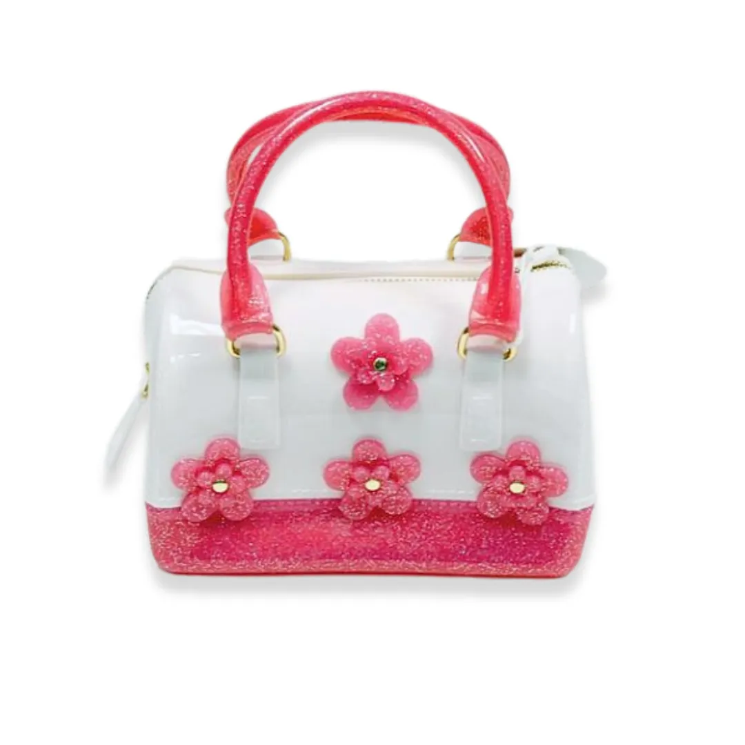 Floral Jelly Barrel Bag - White/Fuchsia