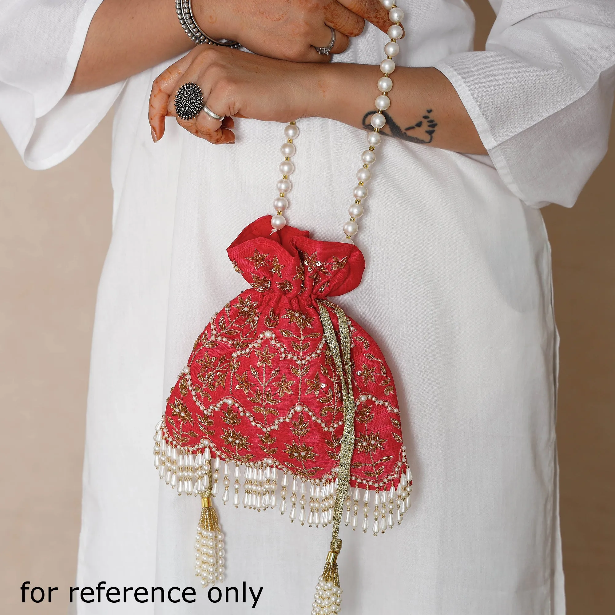 Fuchsia Pink Hand Embroidery Beadwork Silk Potli Bag