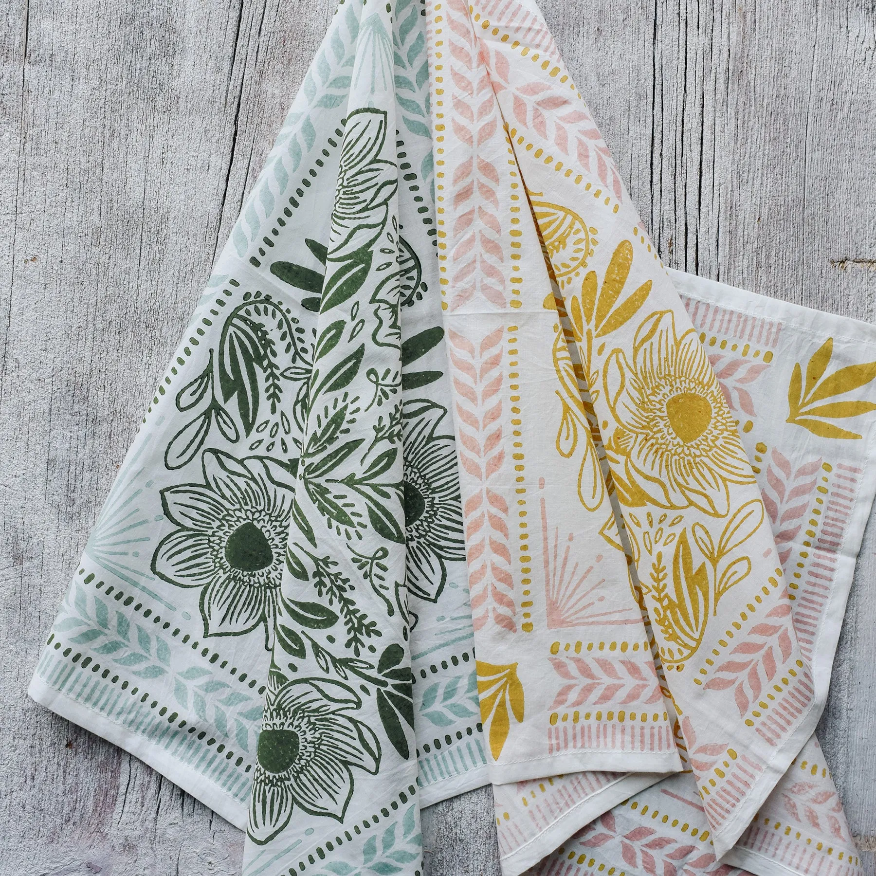 Hand Carved, Block Printed Floral Bandana, Olive Blue