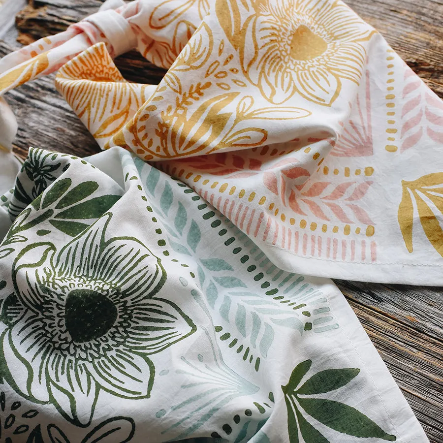 Hand Carved, Block Printed Floral Bandana, Olive Blue