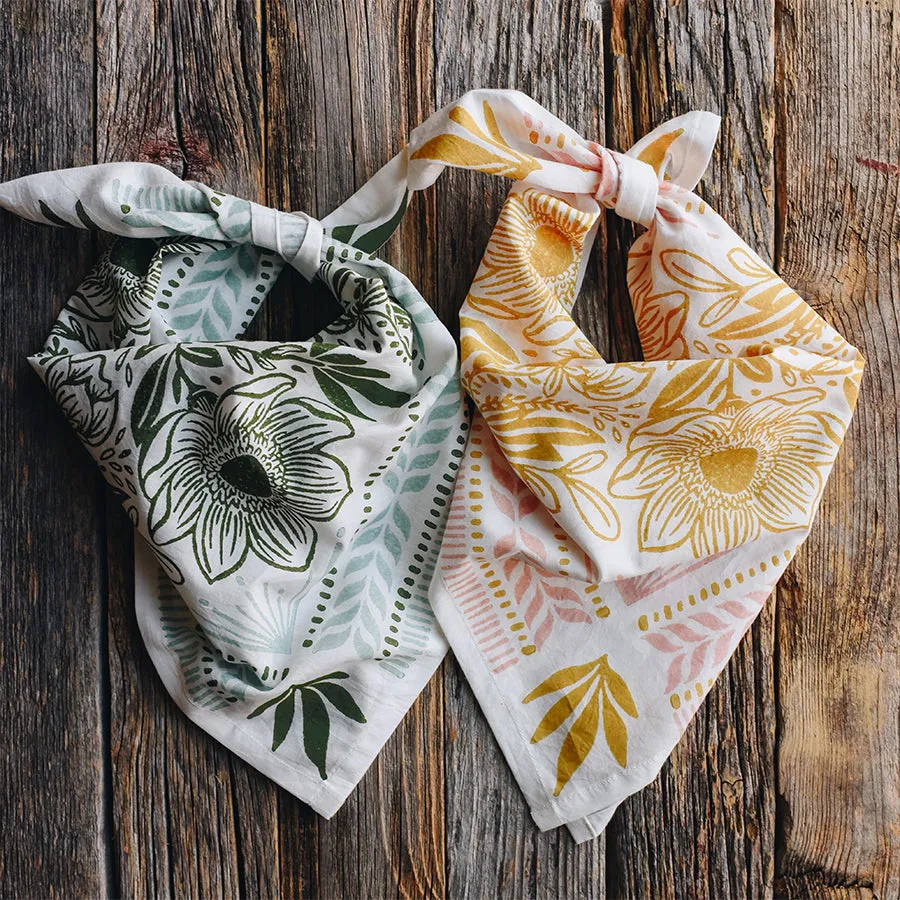 Hand Carved, Block Printed Floral Bandana, Olive Blue