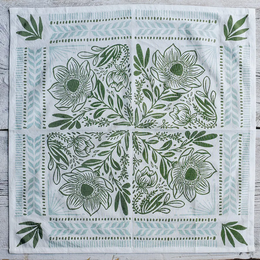 Hand Carved, Block Printed Floral Bandana, Olive Blue