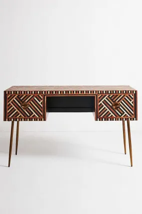 Handmade Optical Bone Inlay Work Desk in Brown Color |  Laptop Desk with 2 Drawers