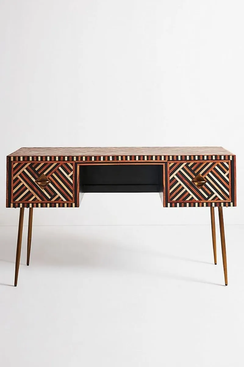 Handmade Optical Bone Inlay Work Desk in Brown Color |  Laptop Desk with 2 Drawers