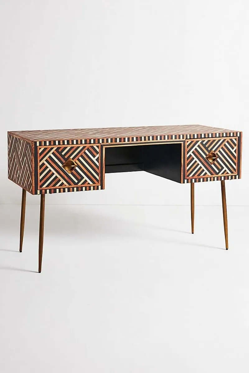 Handmade Optical Bone Inlay Work Desk in Brown Color |  Laptop Desk with 2 Drawers