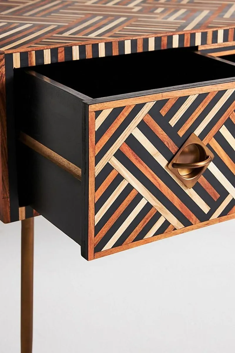 Handmade Optical Bone Inlay Work Desk in Brown Color |  Laptop Desk with 2 Drawers