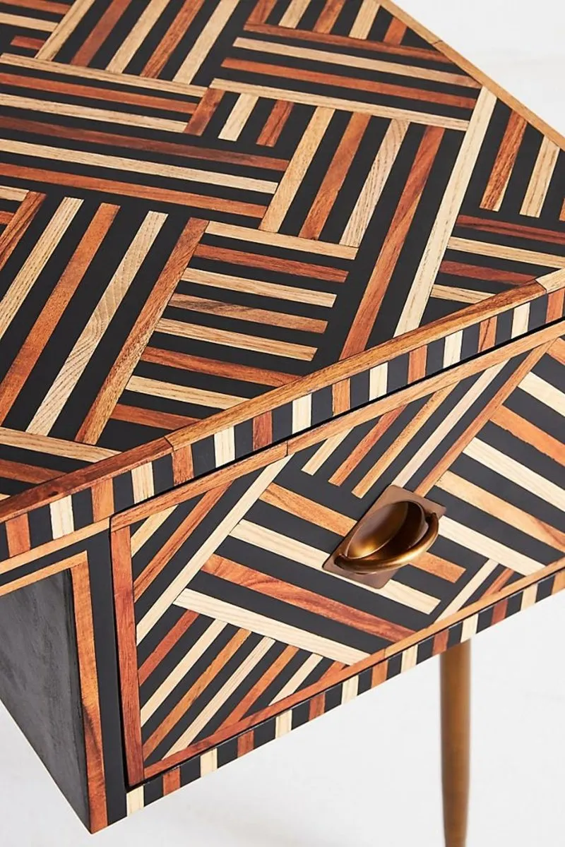 Handmade Optical Bone Inlay Work Desk in Brown Color |  Laptop Desk with 2 Drawers