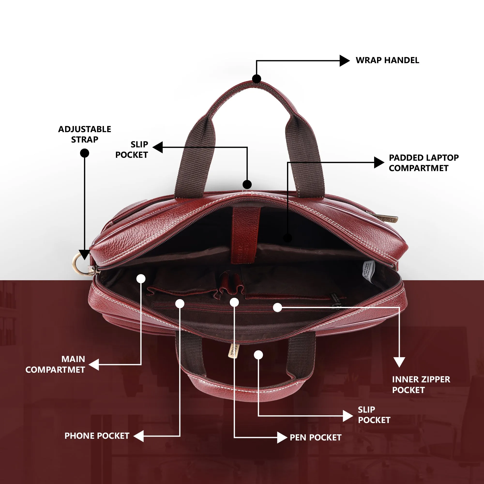 Luxury Leather Laptop Bag for Men - Office Shoulder Bag - Fits 14/15.6/16 Inch Laptops/MacBook