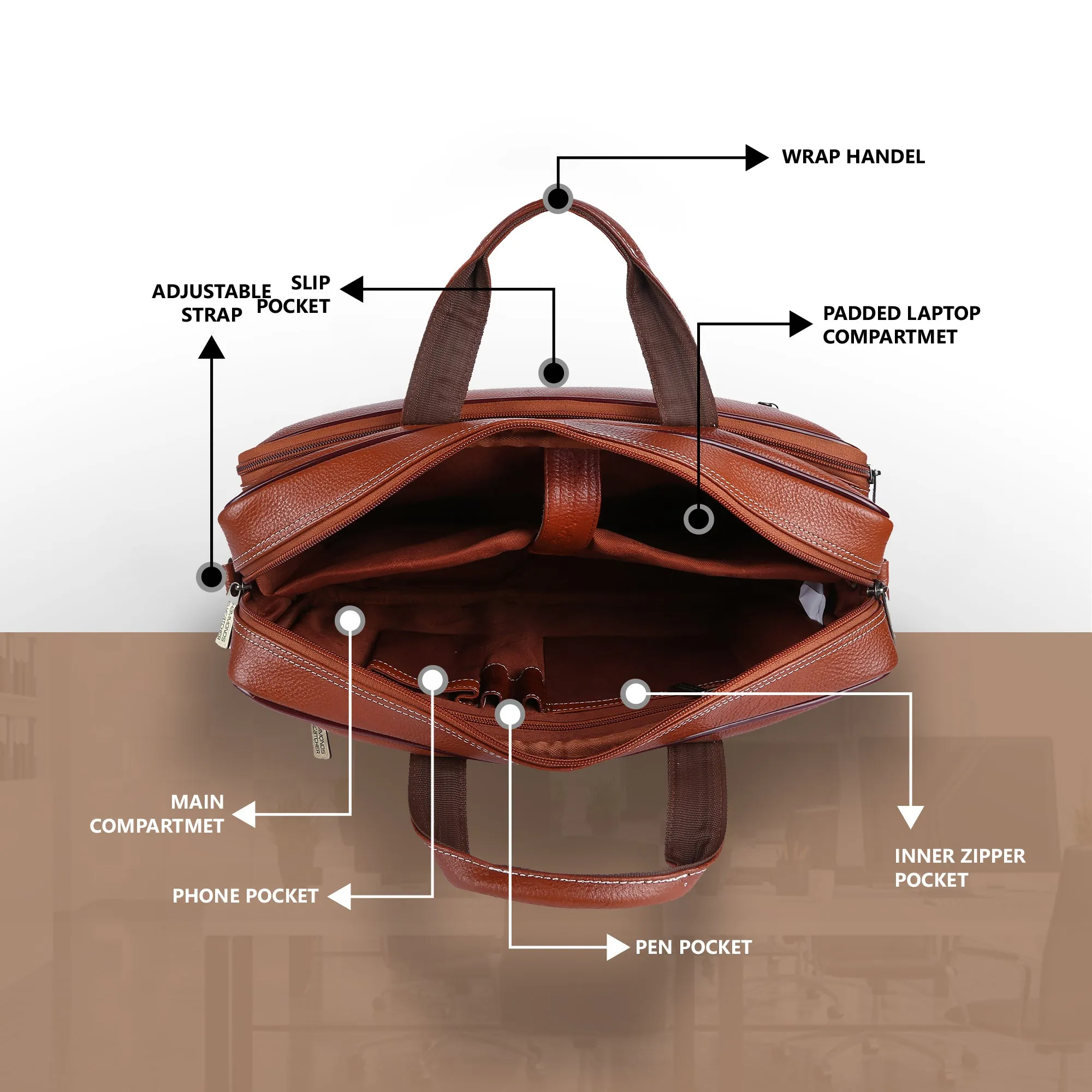 Luxury Leather Laptop Bag for Men - Office Shoulder Bag - Fits 14/15.6/16 Inch Laptops/MacBook