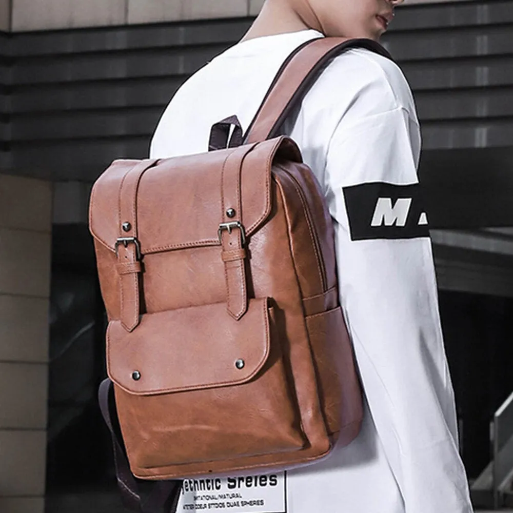 Men Double Arrow Shape Back Breathable Soft Leather Backpack Large Capacity Waterproof 14 Inch Laptop Bag Travel