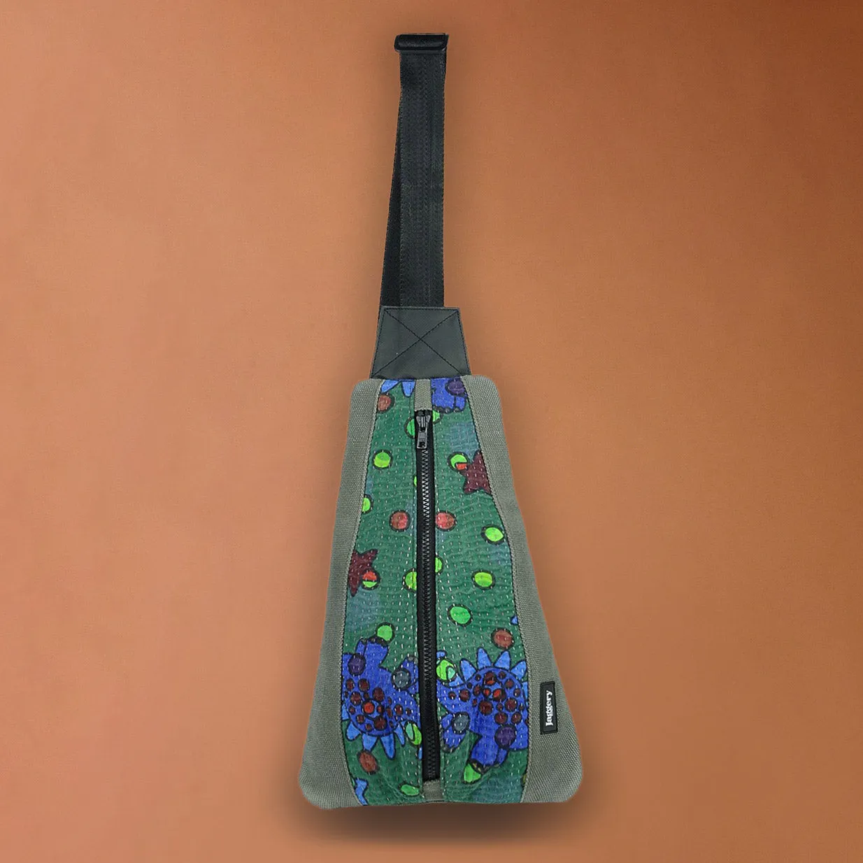 Punar Prayog Tapered Crossbody Bag in Ex-Army Olive Green Canvas and Kantha