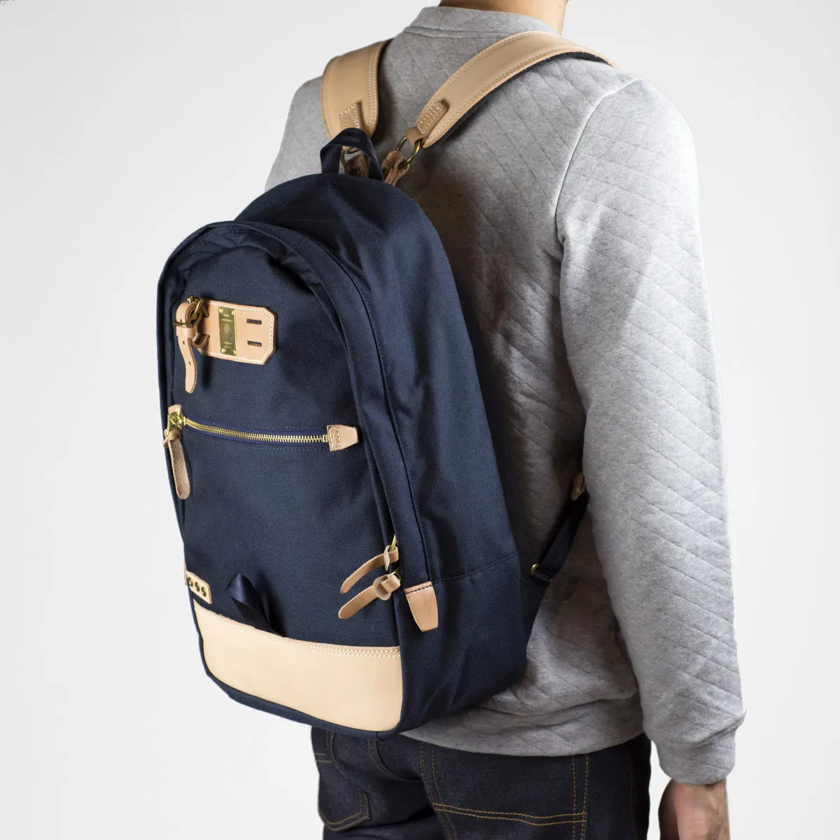 "Surpass" backpack, navy Cordura and natural leather