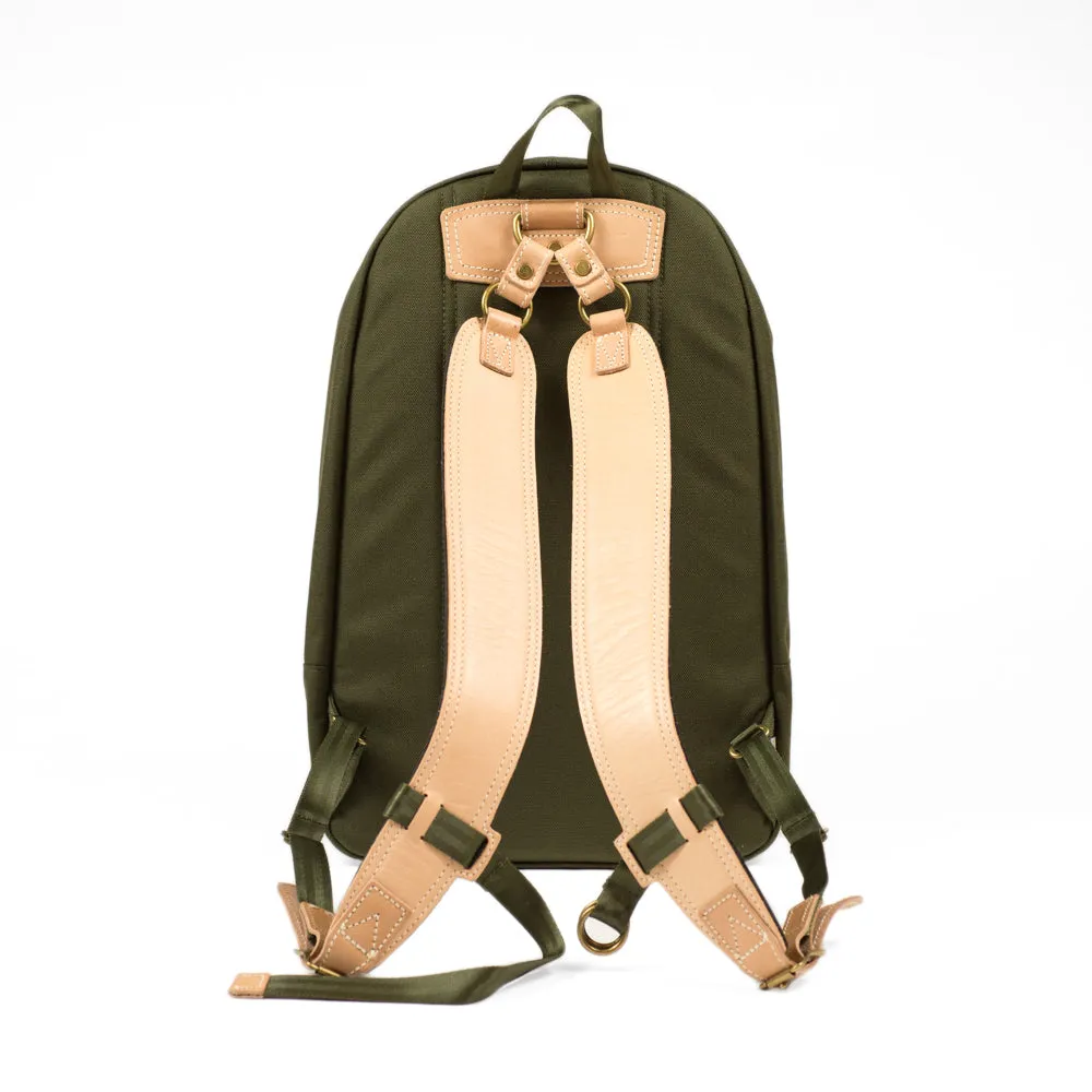 "Surpass" backpack, olive green Cordura and natural leather