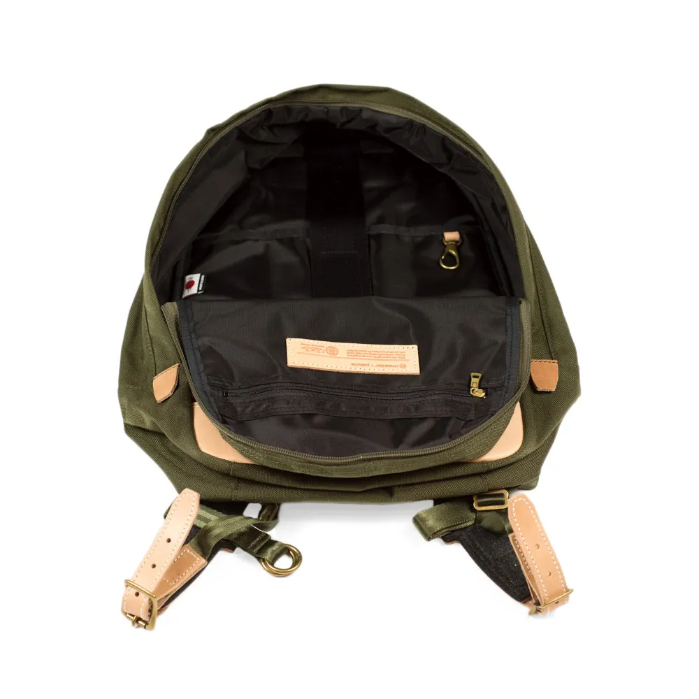 "Surpass" backpack, olive green Cordura and natural leather