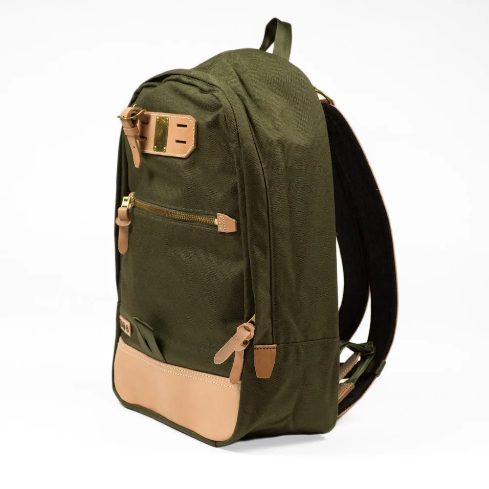 "Surpass" backpack, olive green Cordura and natural leather