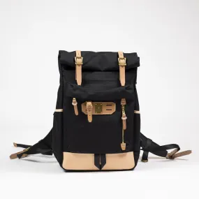 "Surpass" roll-top backpack, black Cordura and natural leather
