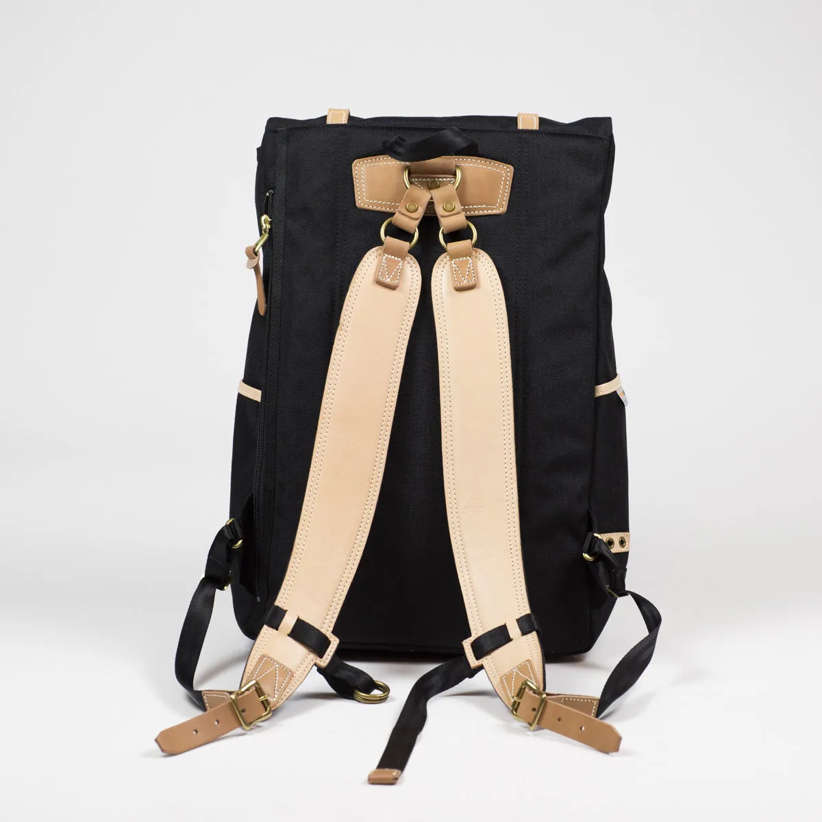 "Surpass" roll-top backpack, black Cordura and natural leather