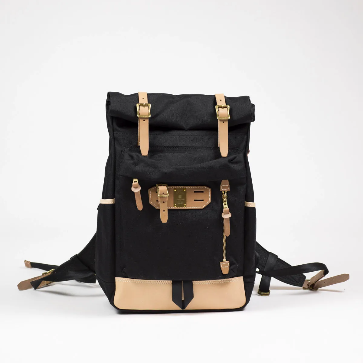 "Surpass" roll-top backpack, black Cordura and natural leather