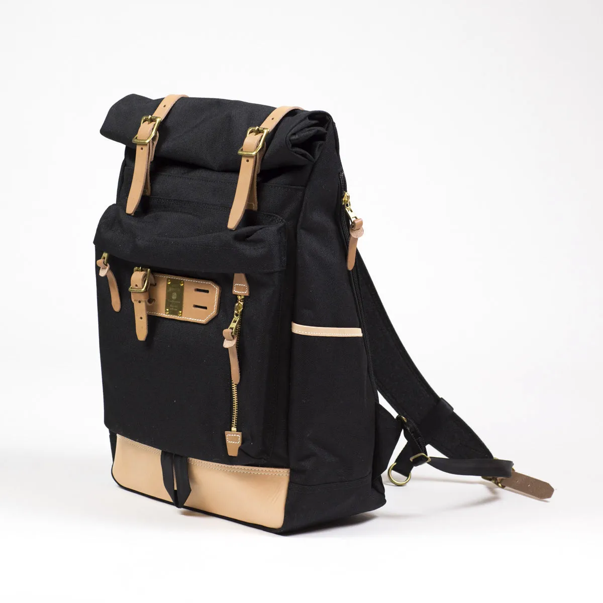 "Surpass" roll-top backpack, black Cordura and natural leather