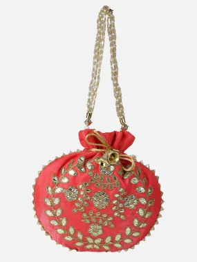 Red Potli Bag With Golden Embroidery