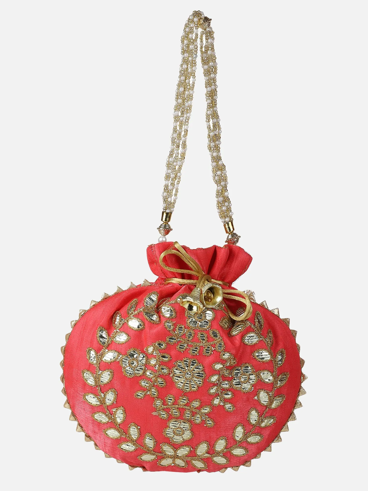 Red Potli Bag With Golden Embroidery