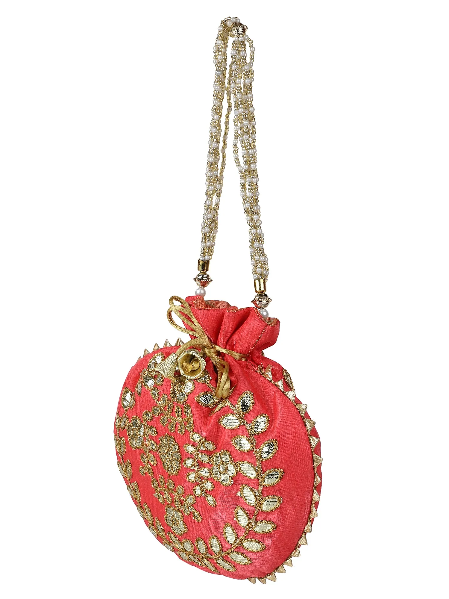 Red Potli Bag With Golden Embroidery