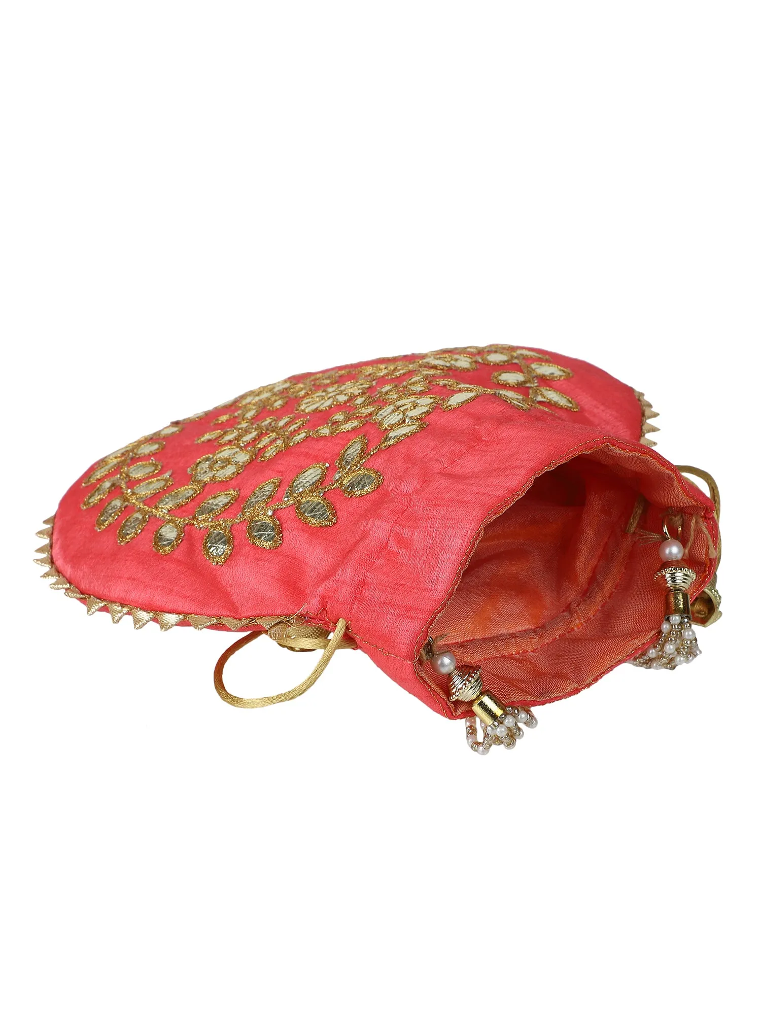 Red Potli Bag With Golden Embroidery