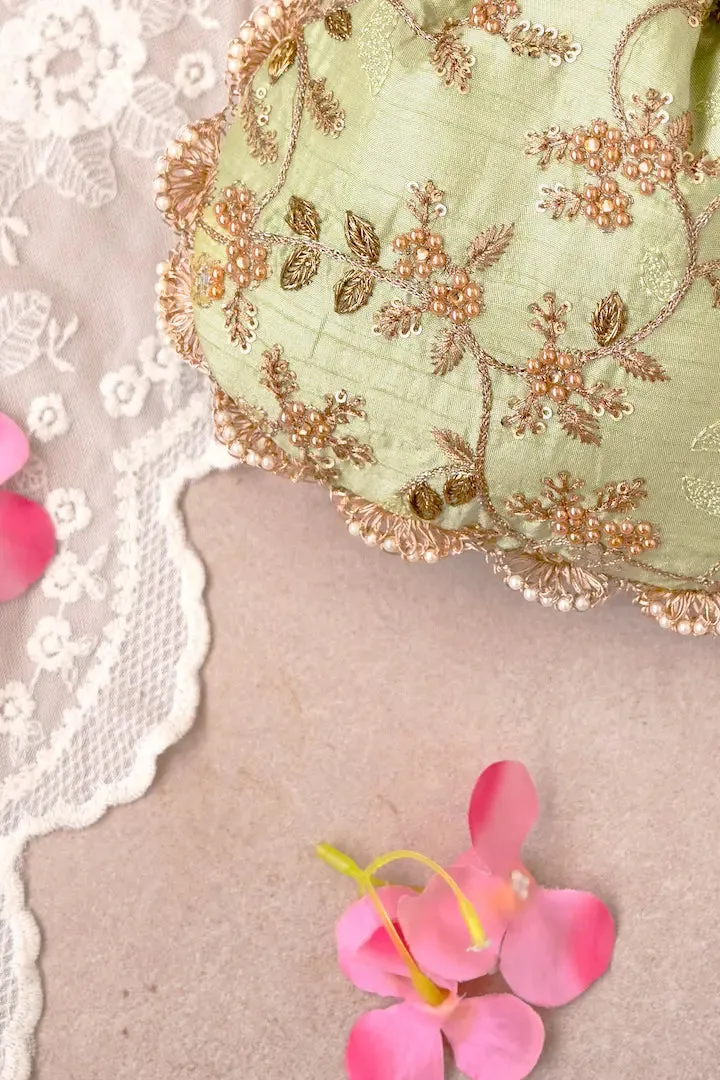 Sage Pearl Embroidered Potli