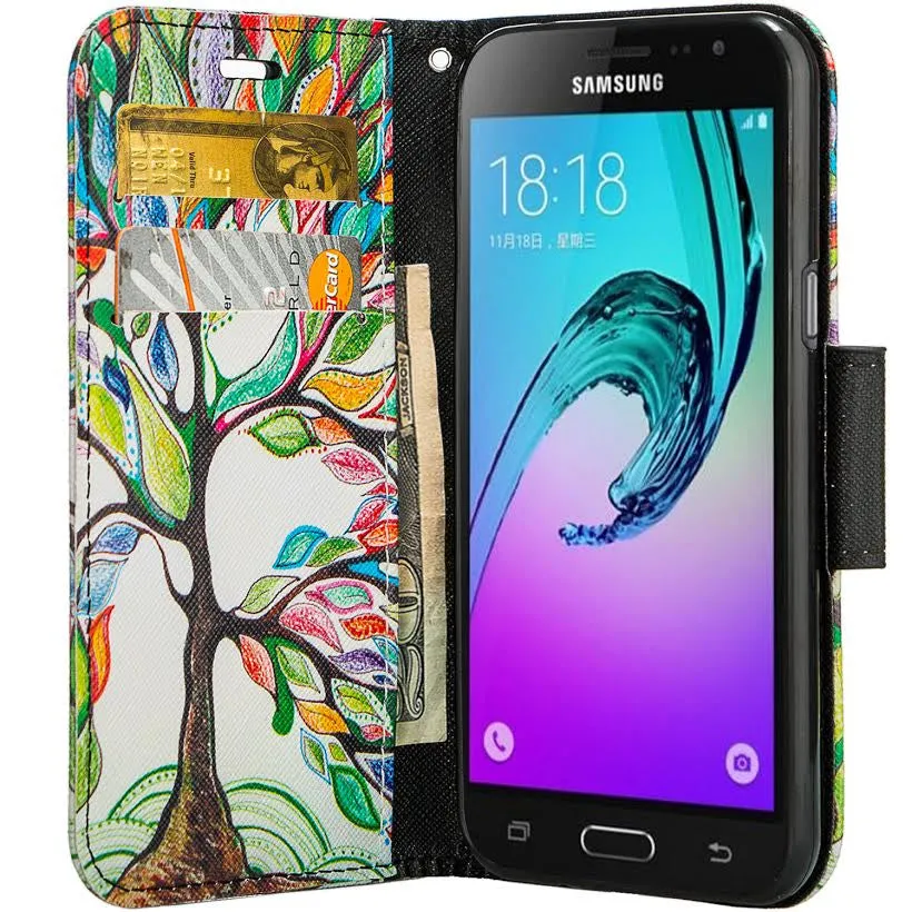 Samsung Galaxy Core Prime Wallet Case, Wrist Strap Flip [Kickstand] Pu Leather Wallet Case with ID & Credit Card Slots, Colorful Tree