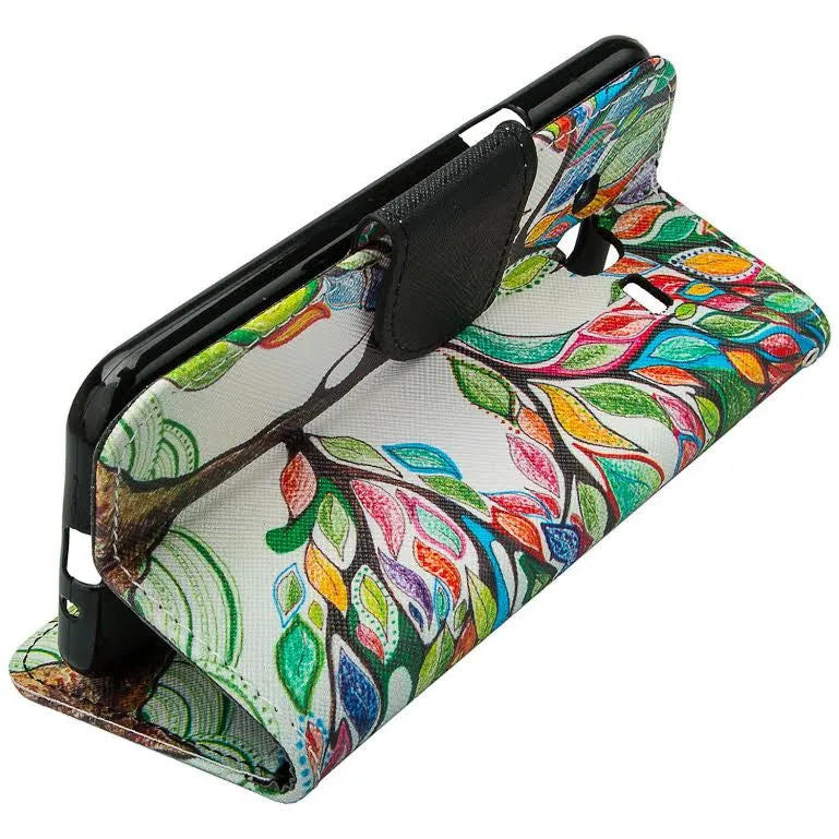 Samsung Galaxy Core Prime Wallet Case, Wrist Strap Flip [Kickstand] Pu Leather Wallet Case with ID & Credit Card Slots, Colorful Tree