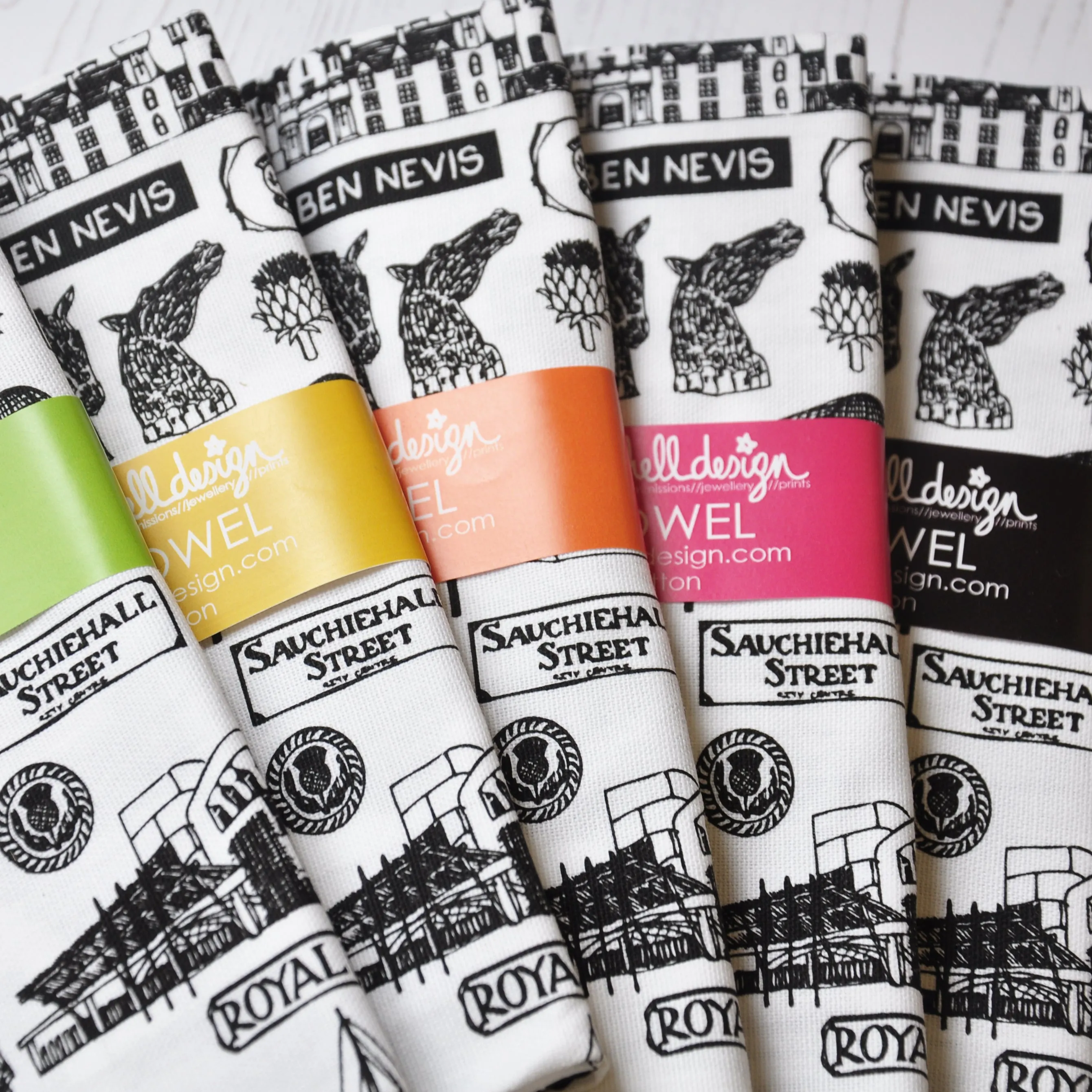 Scottish Illustrated Black And White Tea-towel