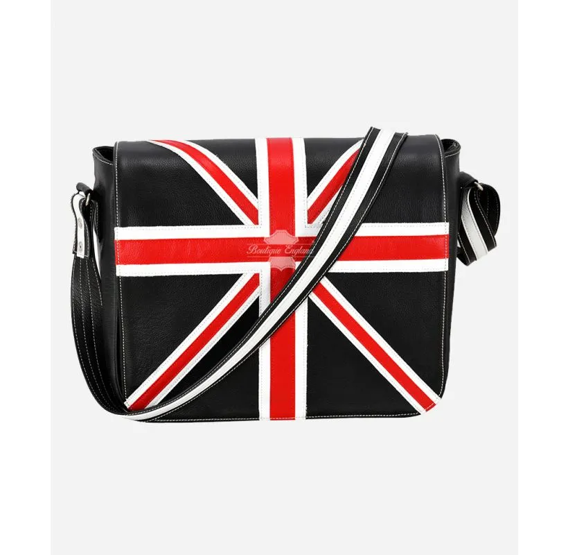 Union Jack Leather Cross Body Bag Unisex Laptop Satchel, Messenger Bag