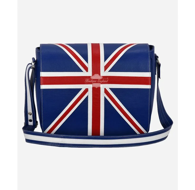 Union Jack Leather Cross Body Bag Unisex Laptop Satchel, Messenger Bag
