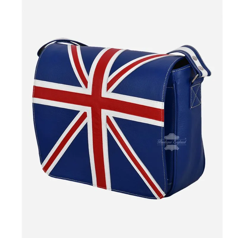 Union Jack Leather Cross Body Bag Unisex Laptop Satchel, Messenger Bag