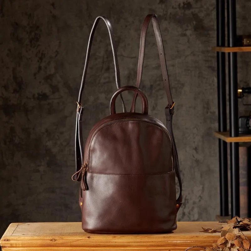 Vintage Women's Brown Leather Backpack Purse Ladies Small Leather Rucksack