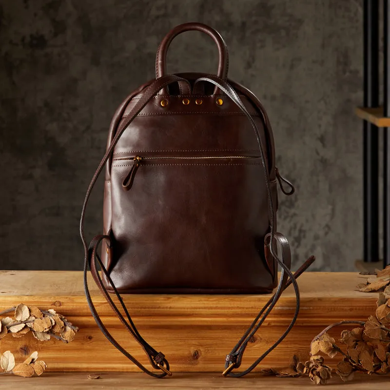 Vintage Women's Brown Leather Backpack Purse Ladies Small Leather Rucksack
